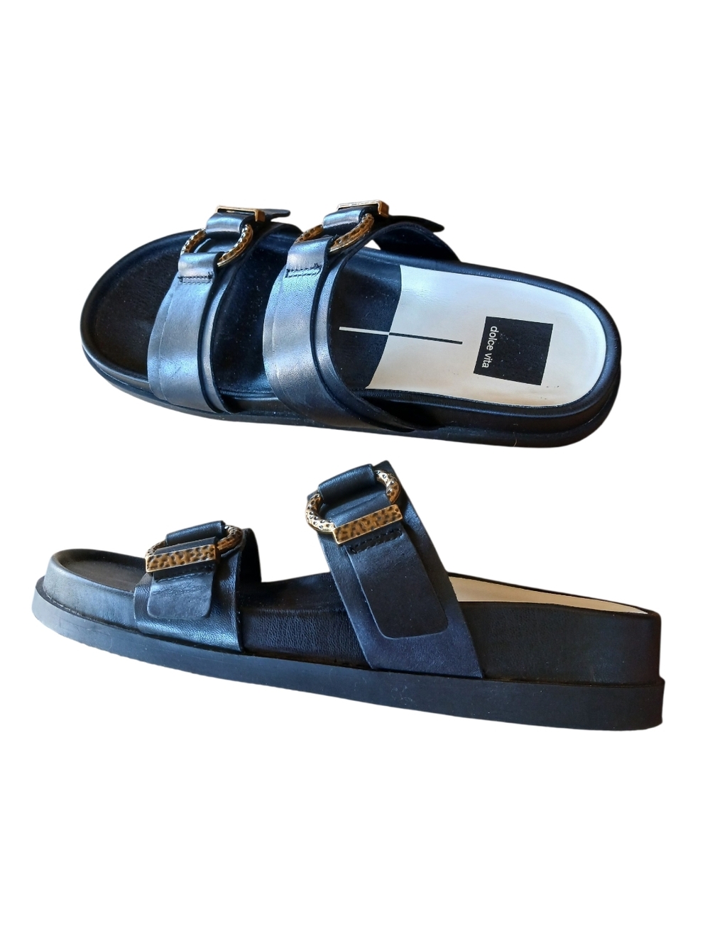DOLCE VITA Black Double-Strap Slide Sandals with Gold Buckles EUC! - Picture 4 of 10